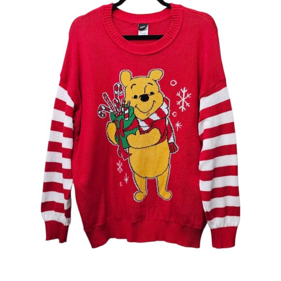 Disney Winnie The Pooh Christmas Knit Long Stripe Sleeve Ugly Pull Over Sweater - Picture 1 of 7